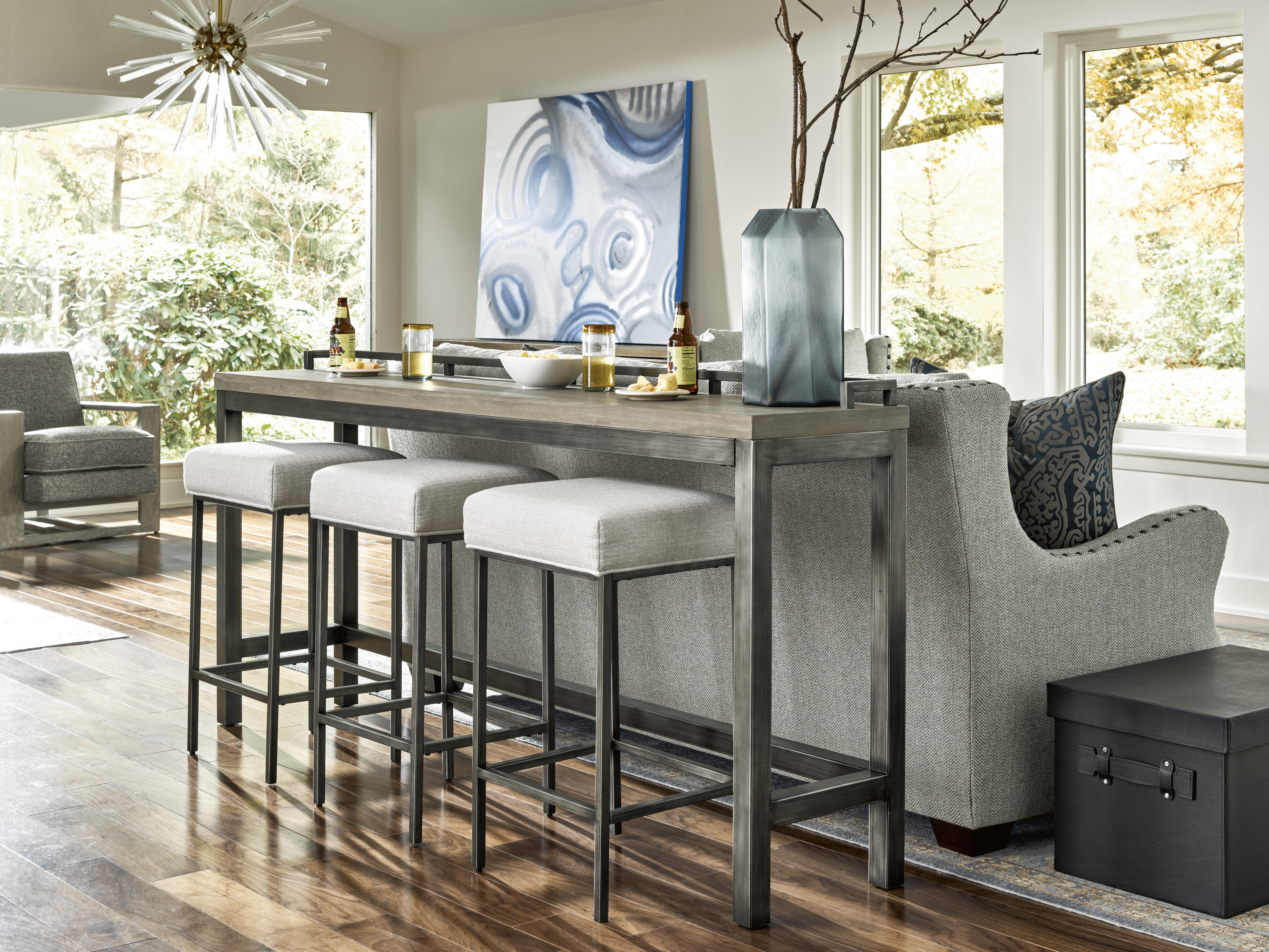 Mitchell Console Table with 3 Stools Room Scene