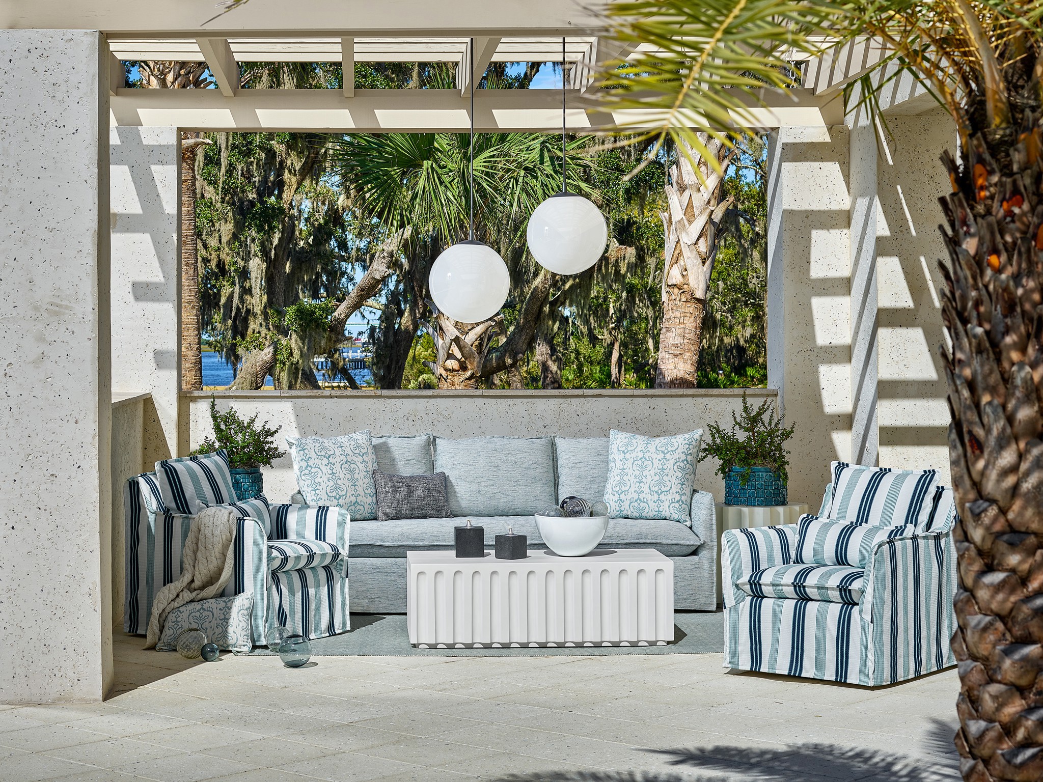 Siesta Key Outdoor Slipcover Sofa - Special Order - Multiple item room scene