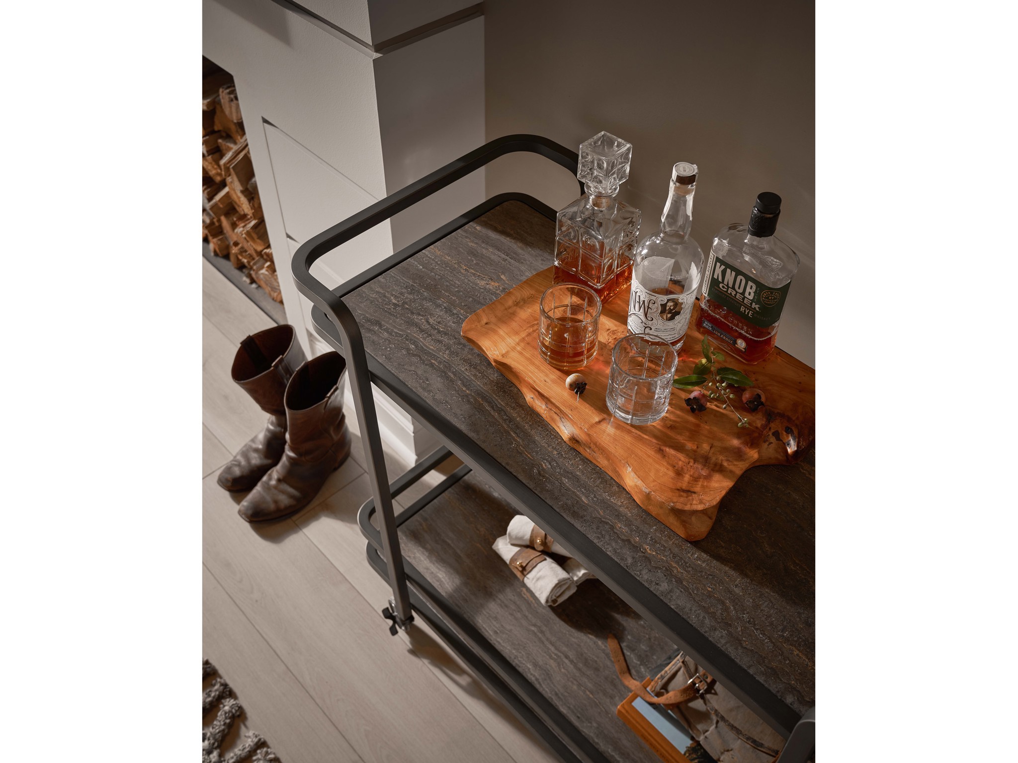 Smoked Bronze Bar Cart - Multiple item room scene