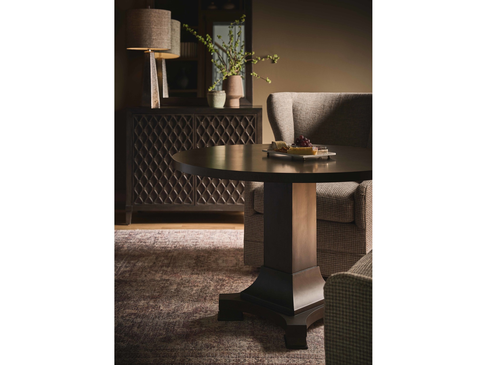 Fenwick Pedestal Table - Multiple item room scene