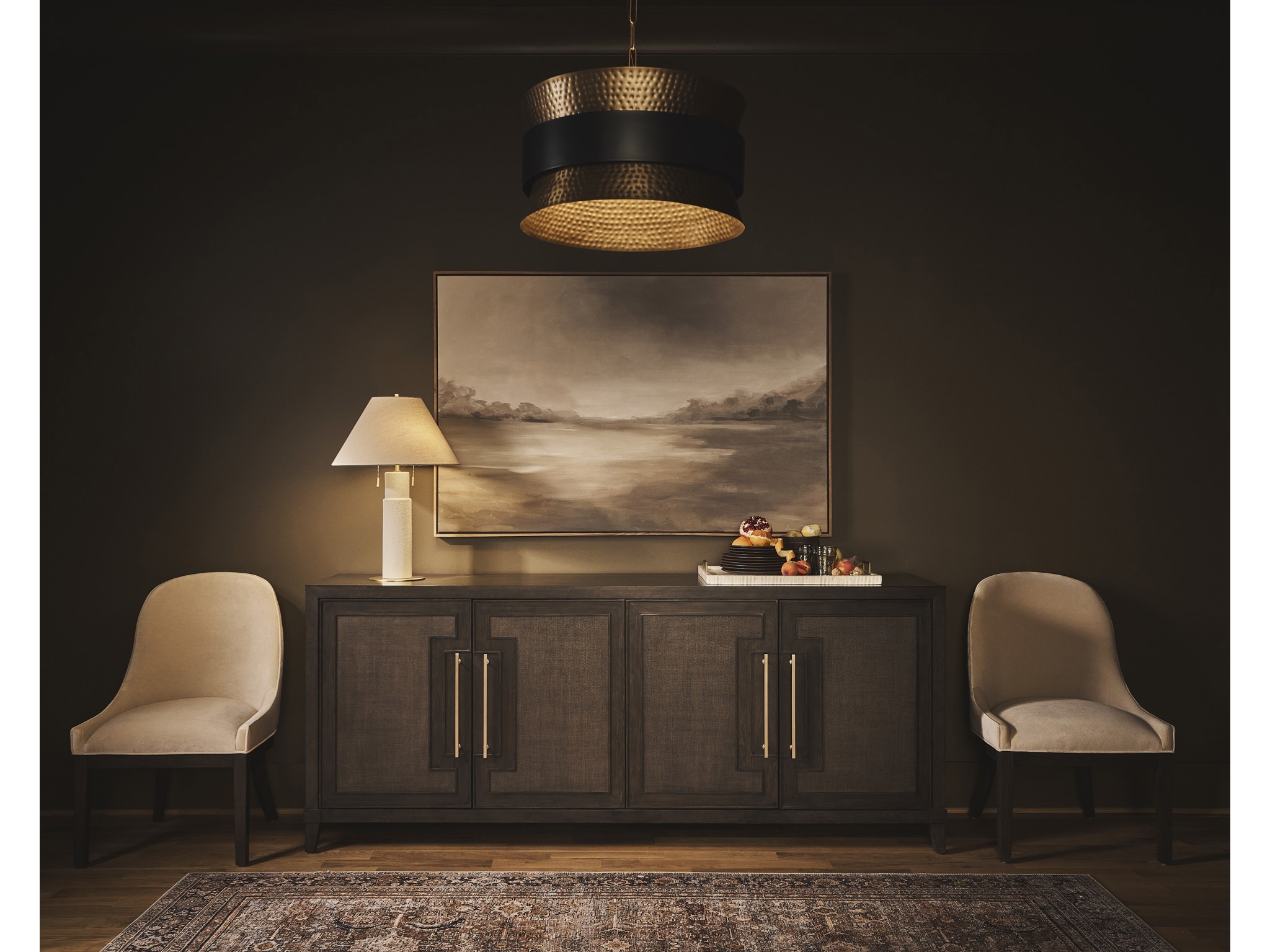 Fenwick Embossed Credenza - Multiple item room scene