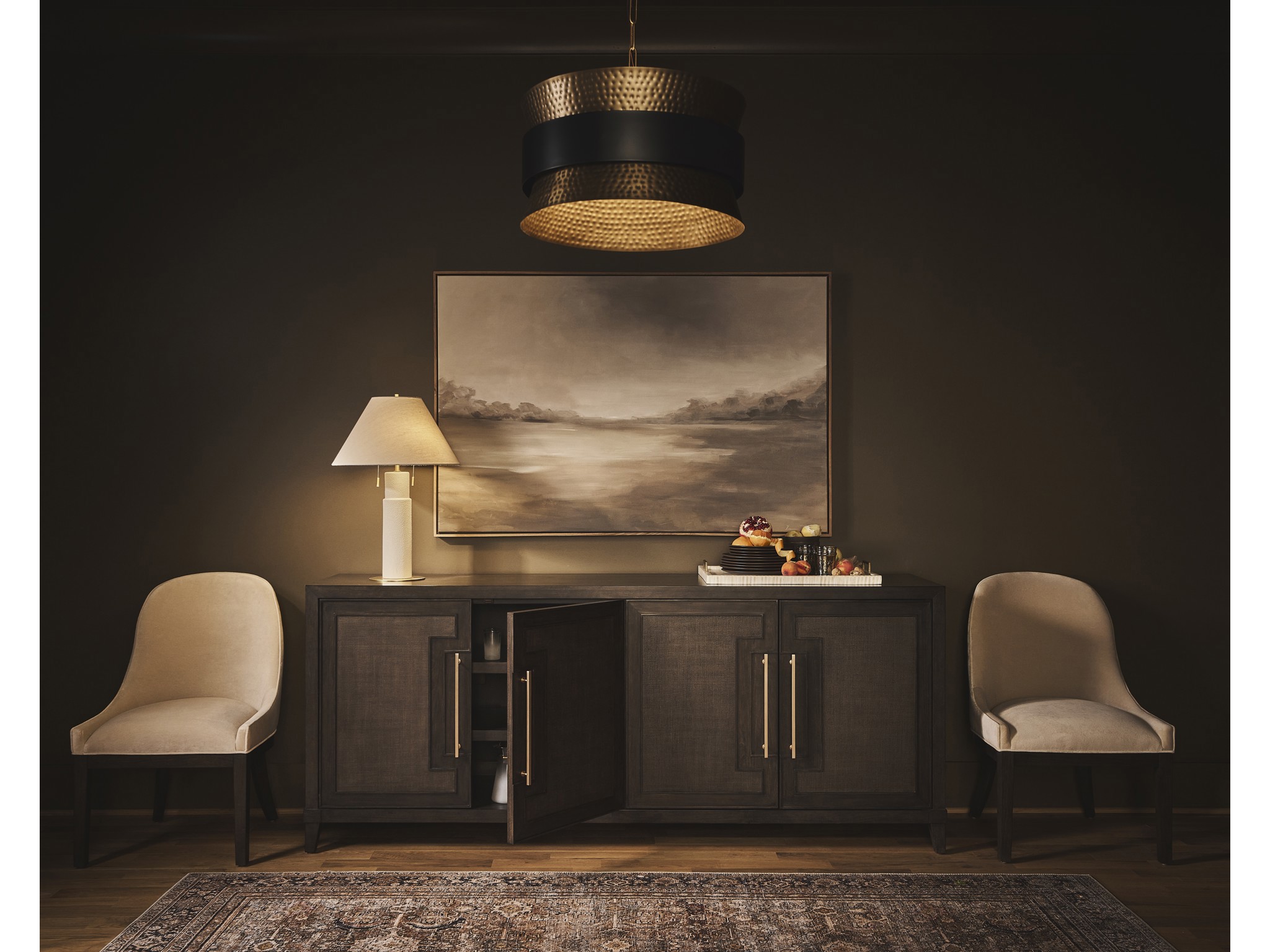 Fenwick Embossed Credenza - Multiple item room scene